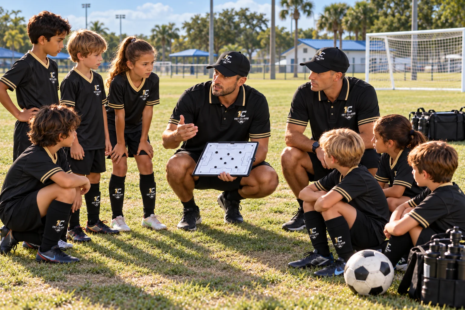 Coaches explaining a soccer exercise with a tactics board, supplied training visualization