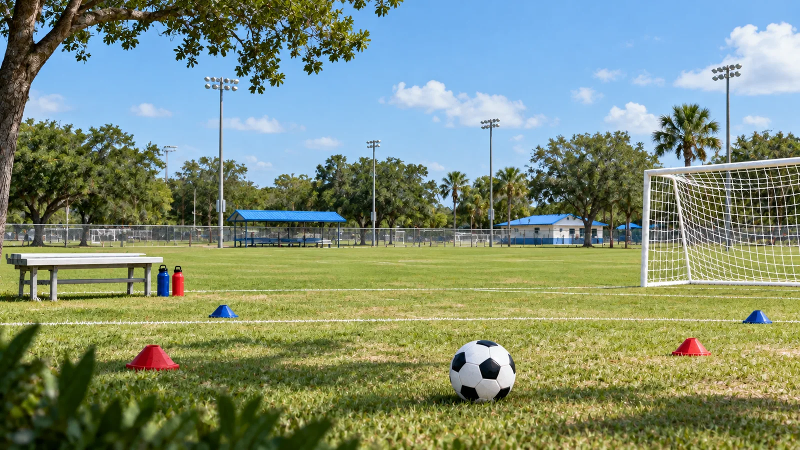 Illustration of a welcoming local soccer park with a goal, ball and sideline equipment