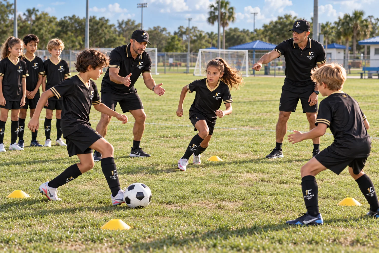 Coaches guiding players through an active soccer exercise, supplied training visualization