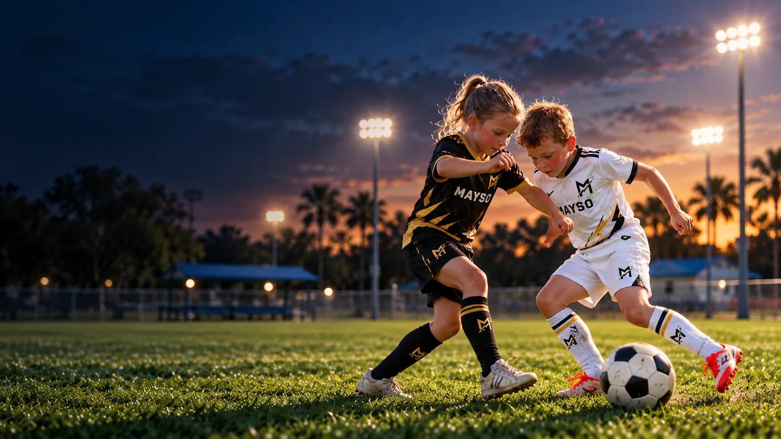 MAYSO-branded black-and-gold and white-kit players contesting the ball at an outdoor Bradenton park, scene visualization